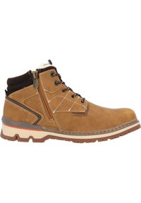 Botas de cuero marrón hasta el tobillo con cremallera lateral, costuras blancas, collar acolchado y suela de goma. Presentan un acabado texturizado y un diseño duradero.