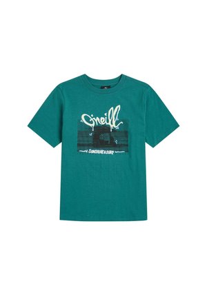 Tee-shirt van katoen in groenblauw met korte mouwen, voorzien van een grafische print met de tekst "O'Neill" en "Sunshine & Surf" in wit en zwart.