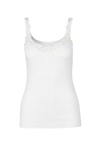 White tank top featuring a V-neckline and delicate floral lace trim along the shoulders and neckline. Smooth fabric with a fitted shape.