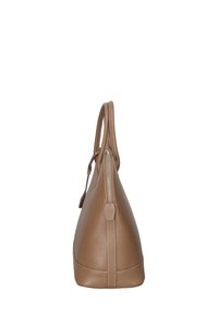 Borsa a tracolla in pelle tan con texture liscia, forma curvata, doppi manici e chiusura con zip superiore. Design semplice senza decorazioni evidenti.