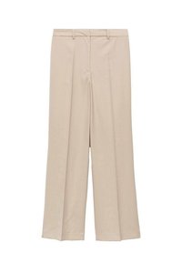 Pantalons beige à jambes larges avec une texture lisse, dotés de plis avant et d'une taille avec passants de ceinture. Conception ajustée, sans poches visibles.