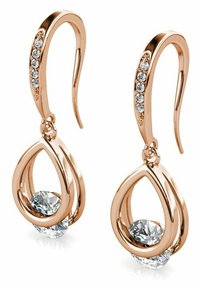 Orecchini in oro rosa con design a goccia, caratterizzati da una pietra centrale trasparente e da una fila di piccole pietre trasparenti lungo il gancio.