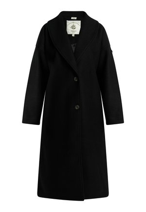 Fekete gyapjúkabát széles hajtókával, hosszú ujjakkal és térdhosszú fazonnal, két elülső gombbal és enyhén laza szabással.