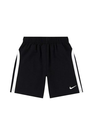 Pantaloncini sportivi neri con vita elastica, strisce laterali bianche e logo Nike Swoosh bianco sulla gamba sinistra.