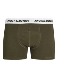 Boxer aderenti verde oliva, con un elastico bianco decorato con il marchio "JACK & JONES" in nero. Texture liscia, cuciture minime.