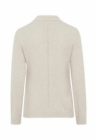 Beiger Strickpullover mit Schalkragen, langen Ärmeln und gerippten Bündchen. Sanfte Textur mit einer zentralen Rückennaht.