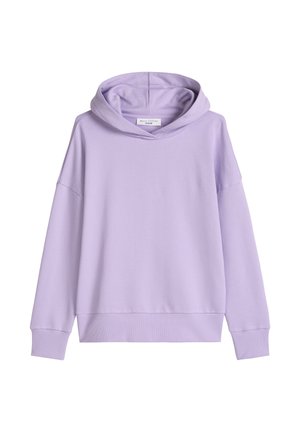 Lavendelfarbener Pullover mit Kapuze, langen Ärmeln, gerippten Bündchen und Saum sowie einem Etikett im Inneren der Kapuze mit der Aufschrift "Marc O’Polo DENIM".