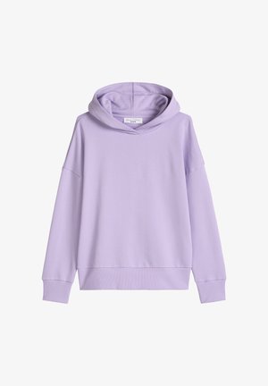 Sweat à capuche en molleton lavande avec manches longues, poignets et ourlet côtelés, et une étiquette à l'intérieur de la capuche portant la mention "Marc O’Polo DENIM".