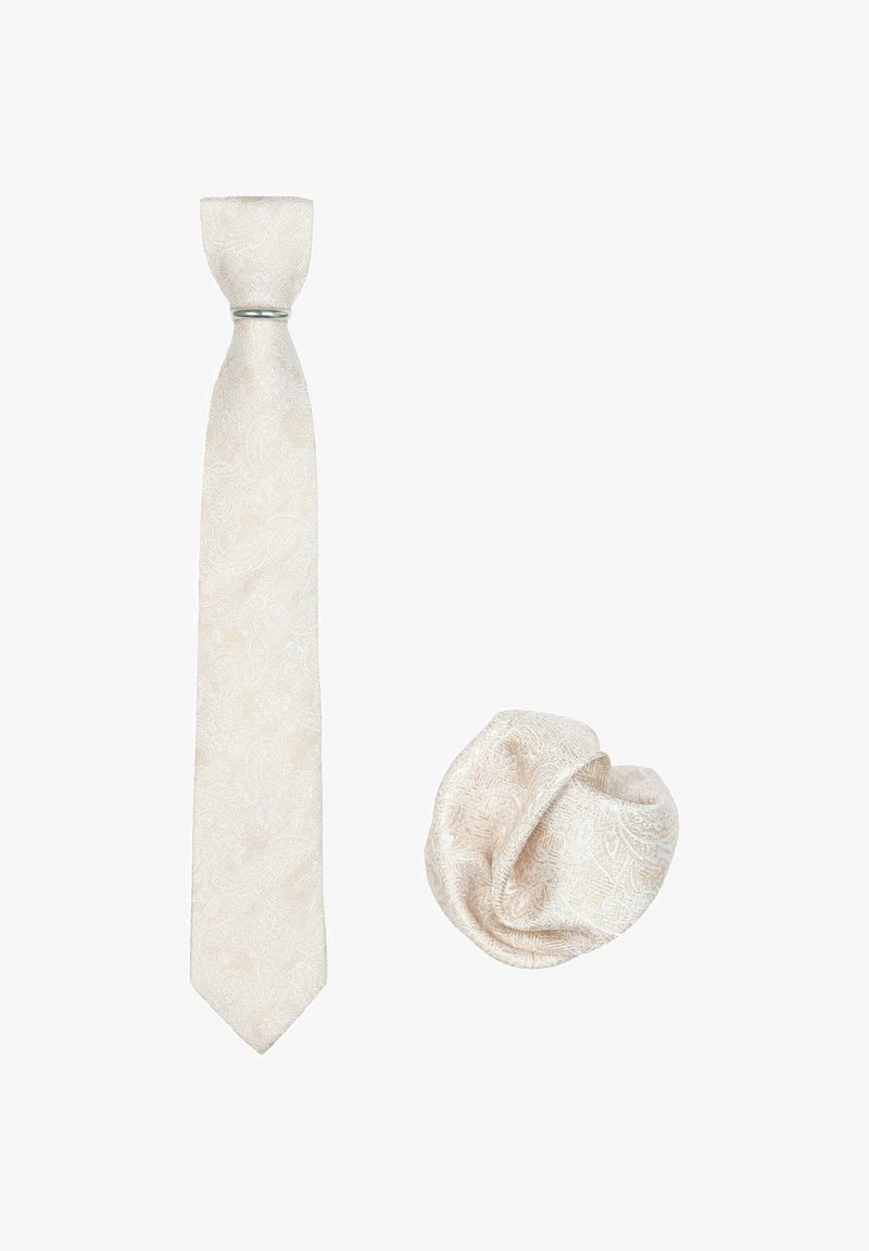Crème kleurige stropdas en bijpassende pochet in een paisley patroon, met een gladde textuur en een zilveren hardware accent op de stropdas.