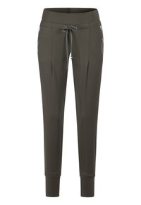 Olive-green athletic pants with a wide waistband, adjustable drawstring, two front zippered pockets, and tapered cuffs. Smooth texture.