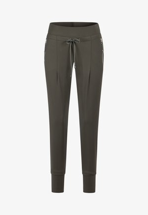 Olive-green athletic pants with a wide waistband, adjustable drawstring, two front zippered pockets, and tapered cuffs. Smooth texture.