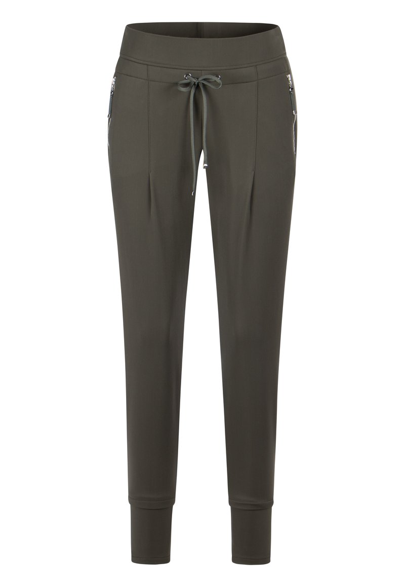 Olive-green athletic pants with a wide waistband, adjustable drawstring, two front zippered pockets, and tapered cuffs. Smooth texture.
