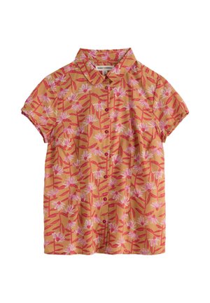 Chemise à manches courtes avec col et boutons, présentant une base jaune avec un motif floral rose et rouge.