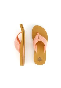 Pink flip-flops with patterned fabric straps, a tan rubber sole, and a slight elevation at the heel. Logo printed on the footbed.