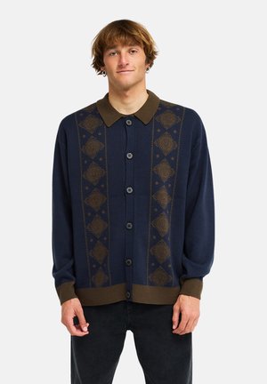 Junger Mann mit hellbraunen Haaren, der eine marineblaue und braune gestrickte Strickjacke mit gemustertem Vorderteil und Knopfverschluss trägt.