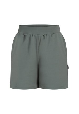 Grønne korte shorts med elastisk talje, lavet af et glat, let materiale og med en sidelabel til brandidentifikation.