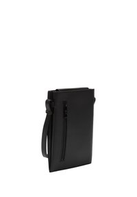 Black leather crossbody bag with a rectangular shape, single shoulder strap, and zipper pocket on the front. Smooth texture, minimalistic design.