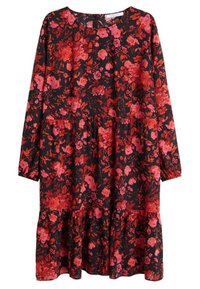 Robe florale avec un fond noir orné de fleurs rouges et roses, manches longues, col rond et ourlet évasé à volants.