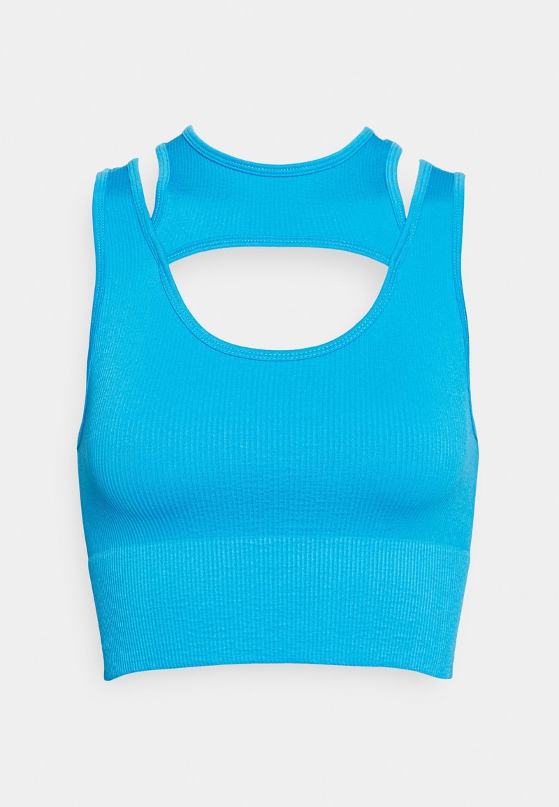 Crop top côtelé bleu vif avec design dos nageur et large ourlet élastique, présenté à plat sur fond blanc.