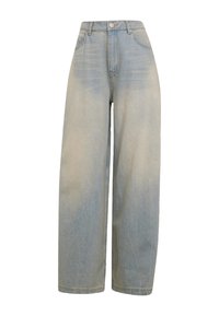 High-waist light blue wide-leg denim jeans with front button, zip closure, and front pockets.