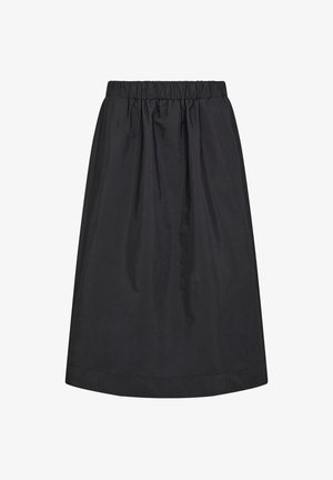 Schwarzer knielanger Rock aus leichtem Stoff, mit einem elastischen Bund und einer glatten, glänzenden Textur ohne sichtbare Muster.