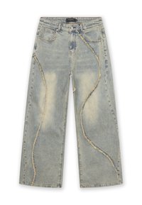 Ljusblå denimbyxor med vida ben som har fransade detaljer och ett vågigt sömnadsdesign. Femfickorsstil med en avslappnad passform.