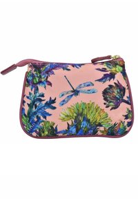 Rosa Täschchen mit einem floralen Muster, das blaue und grüne Blätter sowie eine Libelle zeigt. Abgesetzt mit tiefrotem Material und einem goldenen Reißverschluss.
