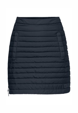 Gonna puffer blu navy con design trapuntato, due tasche laterali e dettaglio con zip all'orlo. Il tessuto sembra liscio e isolante.