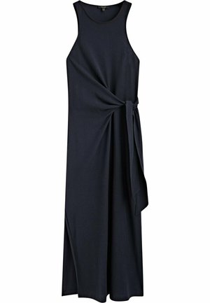 Robe maxi sans manches bleu marine foncé avec encolure ronde et détail de lien latéral créant un effet froncé à la taille.