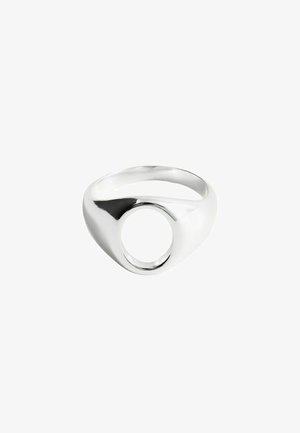 Polished silver ring with a hollow oval-shaped centerpiece and smooth, rounded band.