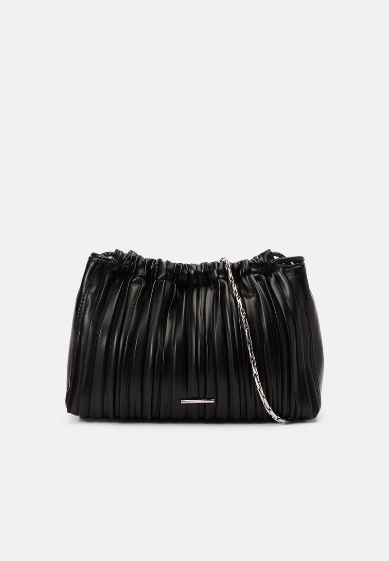 Black leather handbag with pleated design, gathered top edge, and a silver chain strap. Features a metal accent on the front.