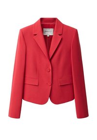 Punainen bleiseri, joka on valmistettu sileästä kankaasta, jossa on lovettu kaulus, kaksi etutaskua ja kaksi nappia. Mukautettu istuvuus pitkillä hihoilla.