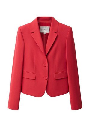 Rode blazer van gladde stof, met een gelapte kraag, twee voorzakken en twee knopen. Perfecte pasvorm met lange mouwen.