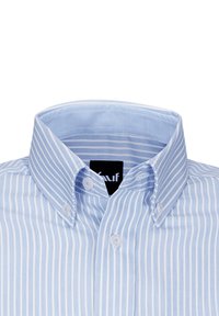 Camicia button-down a righe blu chiaro e bianco con colletto, dotata di due bottoni frontali e un'etichetta con marchio all'interno del colletto.