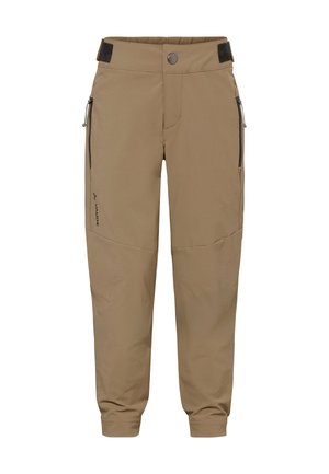 Lichtbruine outdoorbroek met ritszakken aan de zijkanten, verstelbare taillebanden en elastische boorden, ontworpen voor actief gebruik.