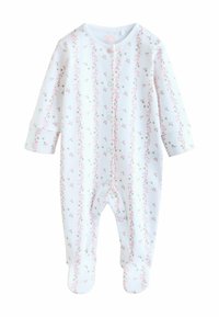 Hvid babybody med lyserøde blomstrede lodrette striber, lange ærmer, trykknapper foran og lukkede fødder.