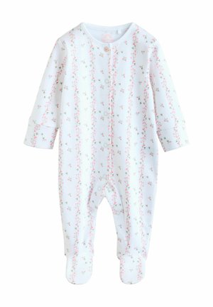 Balts jaundzimušā bodijs ar rozā ziedu vertikālām svītrām, garām piedurknēm, spiedpogas priekšpusē un noslēgtām kājiņām.