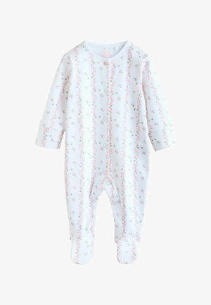 Wit babyrompertje met roze verticale bloemenstrepen, lange mouwen, drukknoopjes aan de voorkant en gesloten voetjes.