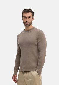 Suéter de canalé de manga larga en color topo con cuello redondo y un sutil detalle de logo, fabricado en un material de punto suave.