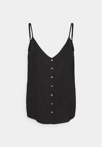 Camisole en lin noir avec un décolleté en V profond, fines bretelles, et une rangée de six boutons en bois sur le devant. Design simple à coupe droite.