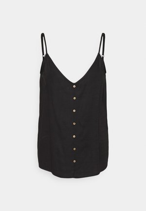 Camisole en lin noir avec un décolleté en V profond, fines bretelles, et une rangée de six boutons en bois sur le devant. Design simple à coupe droite.