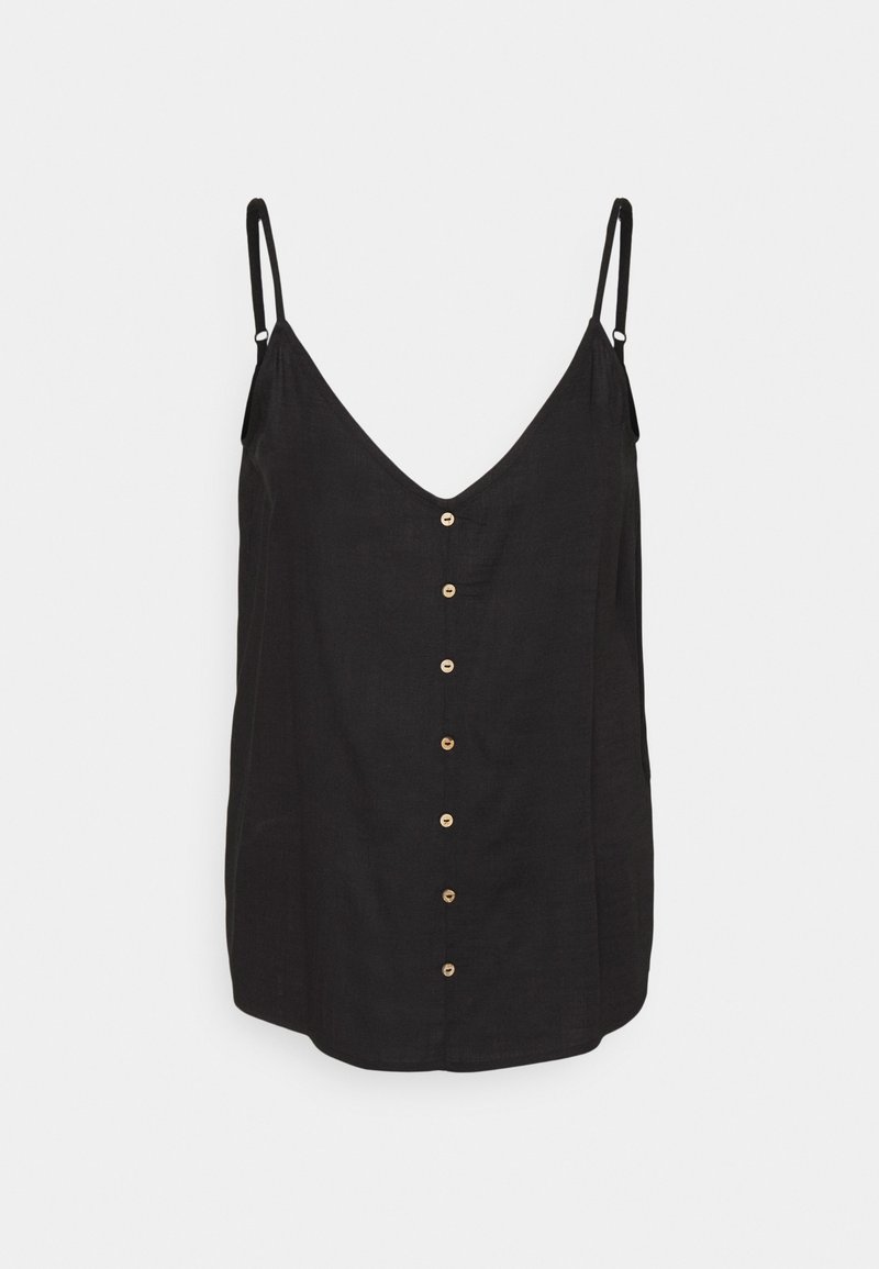 Camisole en lin noir avec un décolleté en V profond, fines bretelles, et une rangée de six boutons en bois sur le devant. Design simple à coupe droite.