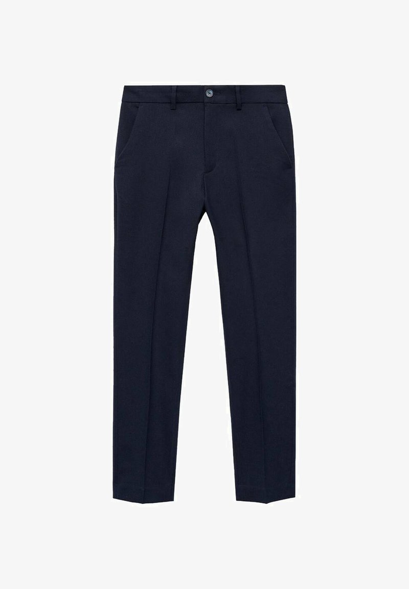 Kraljevsko modri hlače iz teksturiranega materiala. Ima sprednje žepe in gumb na pasu. Naravnan kroj z ravnimi hlačnicami brez okrasnih detajlov.