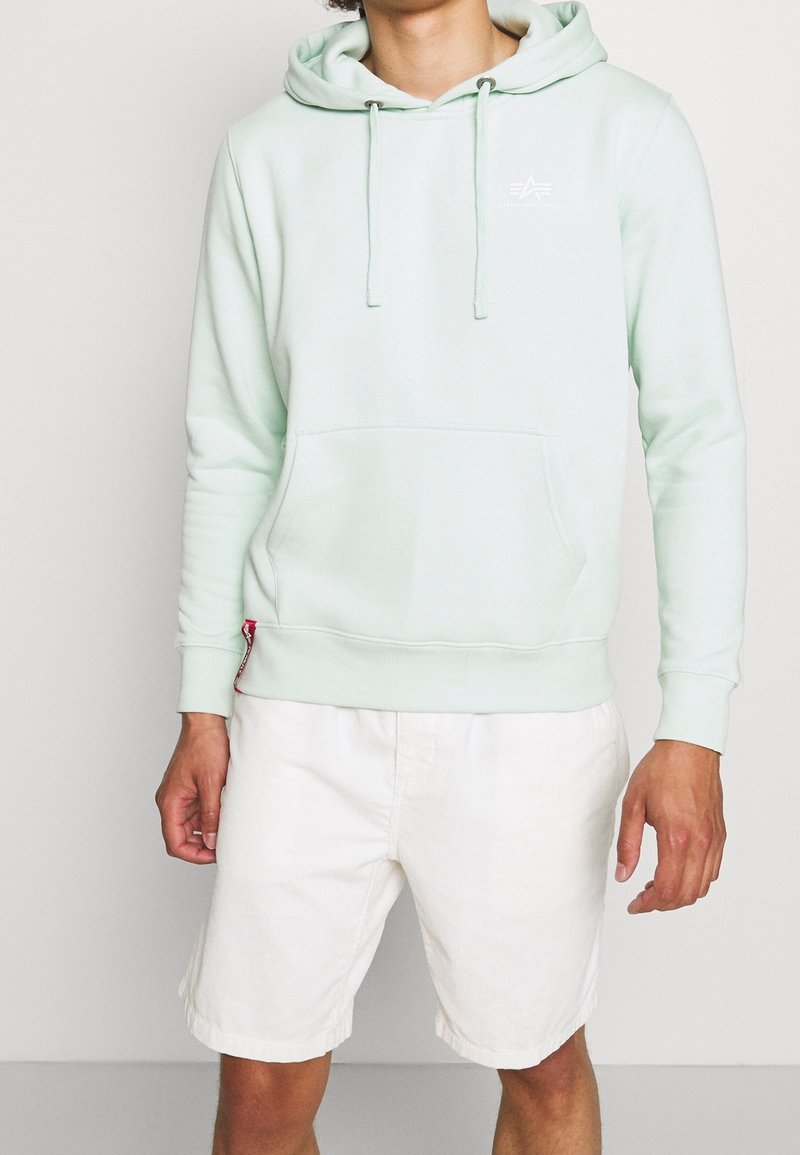 Personne portant un sweat à capuche vert menthe clair avec poche avant et short blanc, debout devant un fond clair uni.
