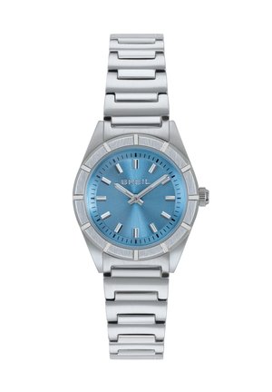 Orologio in metallo argento con quadrante azzurro chiaro, cassa rotonda, cinturino in acciaio inossidabile, indicatori delle ore a linee simili a segni e una corona semplice sul lato.