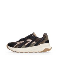 Sneakers with a black and olive green mesh and suede upper, featuring a chunky white midsole and brown rubber outsole, with subtle logo detail.