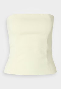 Top sans bretelles de couleur crème clair, présentant un design ajusté avec une texture lisse et de subtils détails de couture, fabriqué en tissu extensible.