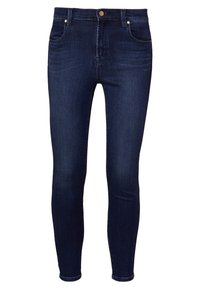 Tmavě modré skinny džíny vyrobené z džínoviny, s vysokým pasem, pěti kapsami a klasickým zapínáním na knoflík vpředu.