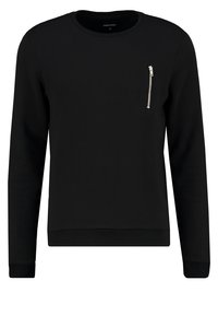 Sudadera negra con cuello redondo, mangas largas y un bolsillo en el pecho con cremallera. Fabricada con tejido suave y con puños y dobladillo acanalados.