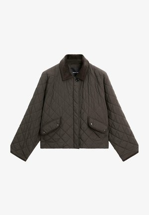 Quilted, dark olive jacket with a corduroy collar, featuring two front pockets with snap closures and a boxy silhouette.